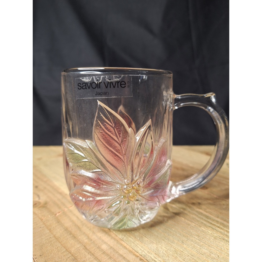 Savoir Vivre Japan Glass Poinsettia Christmas Coffee Mug Pink Green Frosted Leaf